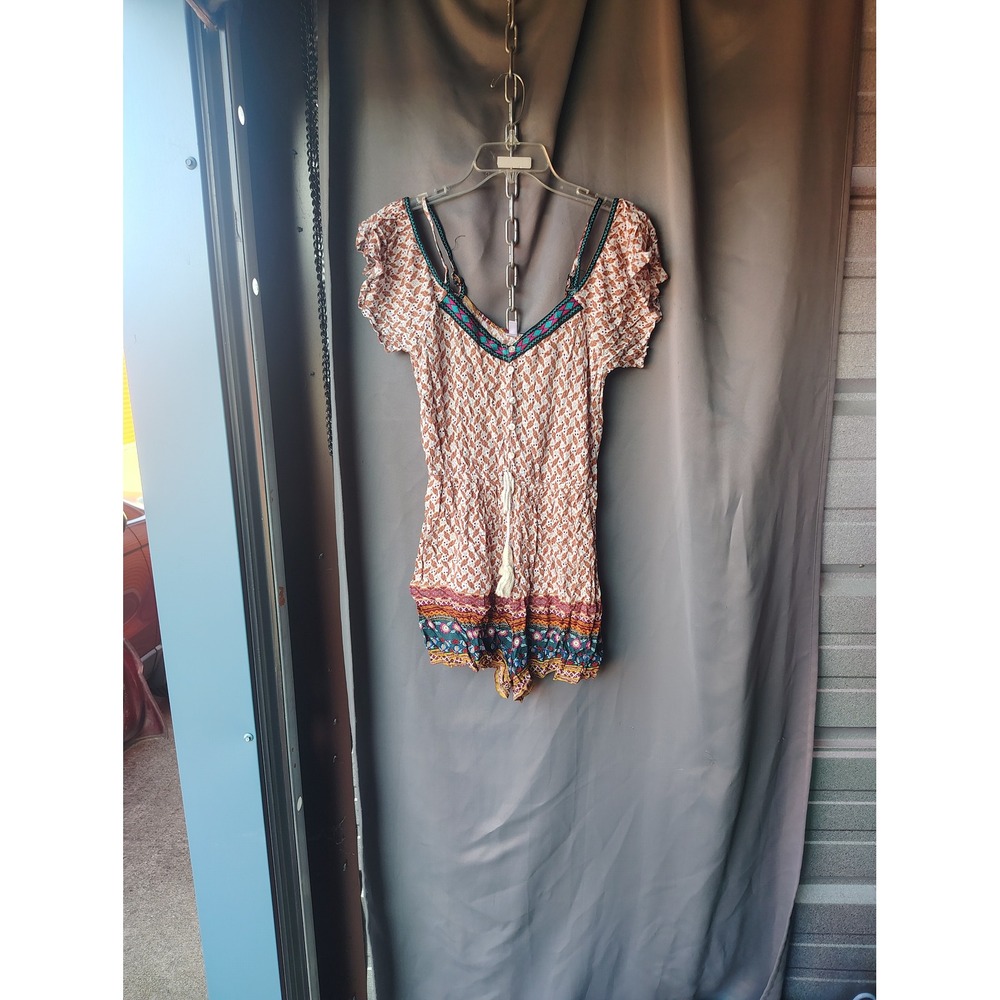 Xhilaration Boho Cold Shoulder Romper Orange Teal Floral Print Small